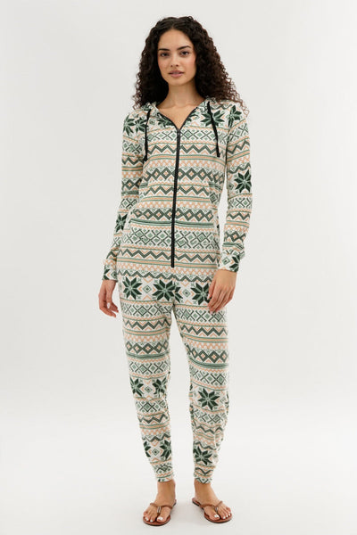 Canada Weather Gear Festive Print Fleece Onesie - White - Womens Onesies - Canada Weather Gear