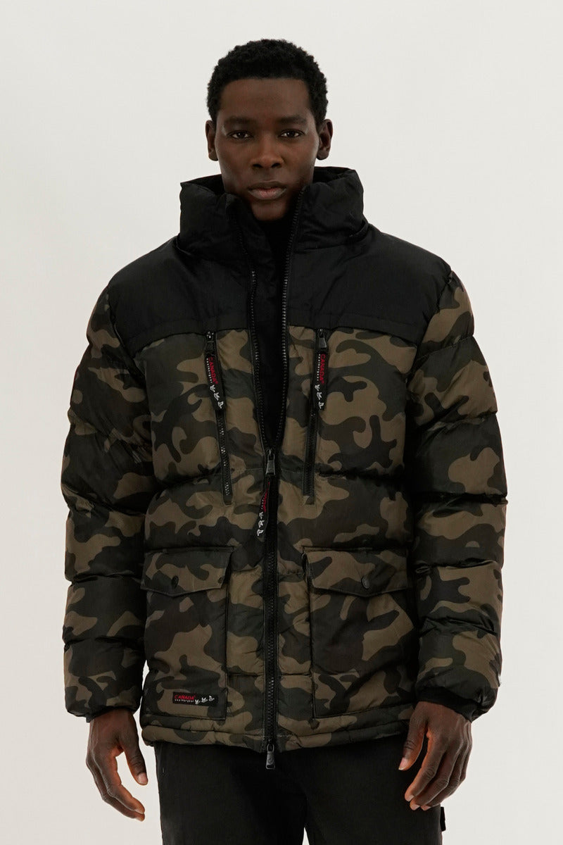 Canada Weather Gear Colour Block Camo Puffer Bomber Jacket - Olive - Mens Bomber Jackets - Canada Weather Gear