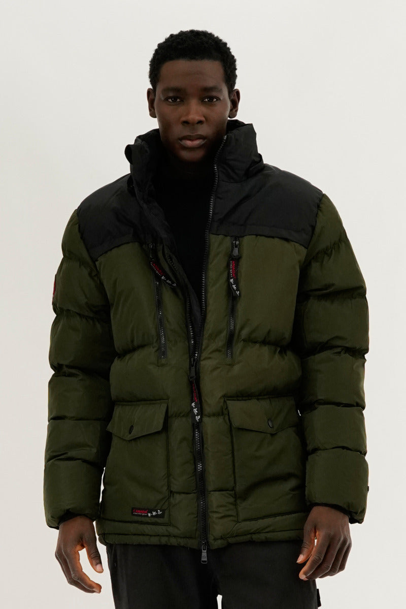 Canada Weather Gear Colour Block Puffer Bomber Jacket - Olive - Mens Bomber Jackets - Canada Weather Gear