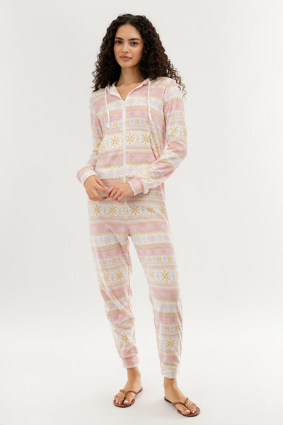 Canada Weather Gear Festive Print Fleece Onesie - Blush - Womens Onesies - Canada Weather Gear
