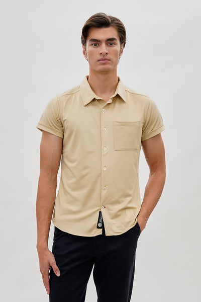 Canada Weather Gear Travel Collection Classic Short Sleeve Casual Shirt - Beige - Mens Casual Shirts - Canada Weather Gear