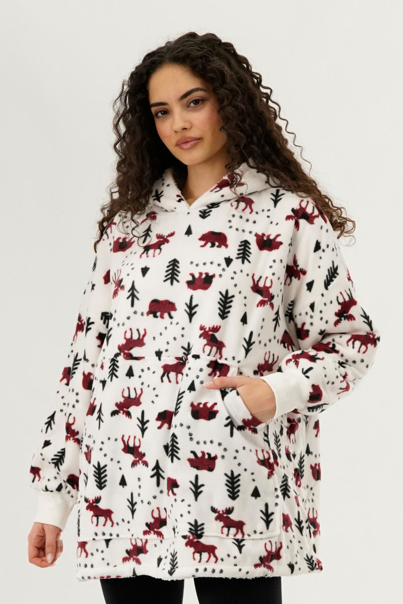 Canada Weather Gear Festive Print Oversided Hooded Pajama Top - White - Womens Pajamas - Canada Weather Gear