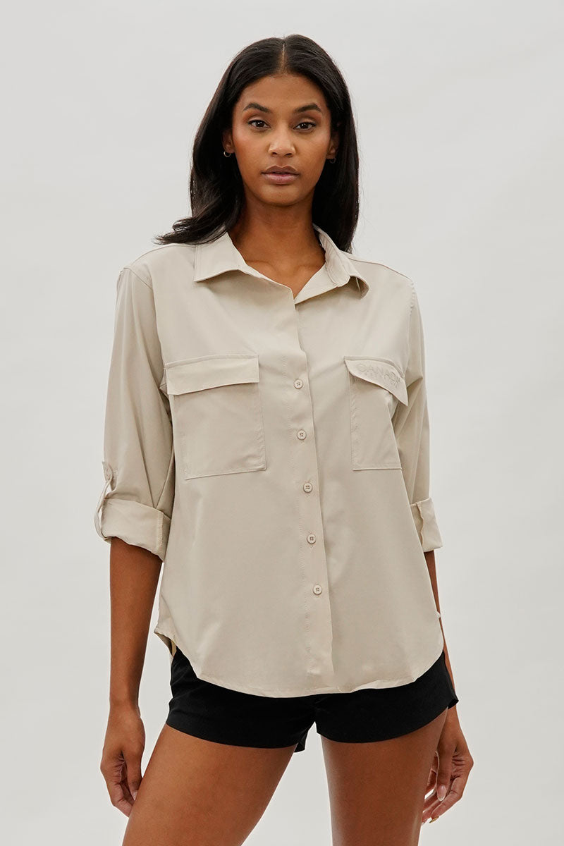 Canada Weather Gear Button Up Ripstop Utility Shirt - Beige - Womens Shirts & Blouses - Canada Weather Gear