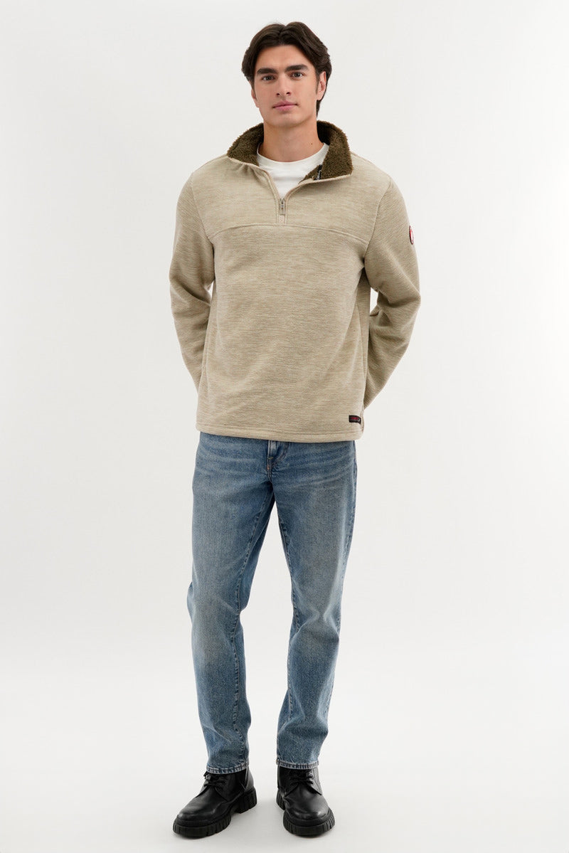 Canada Weather Gear Sherpa Lined 1/4 Zip Pullover Sweater - Beige - Mens Pullover Sweaters - Canada Weather Gear