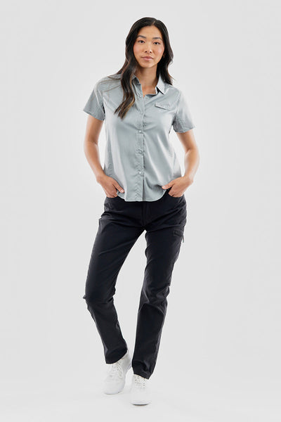 Canada Weather Gear Solid Short Sleeve Button Up Shirt - Grey - Womens Shirts & Blouses - Canada Weather Gear