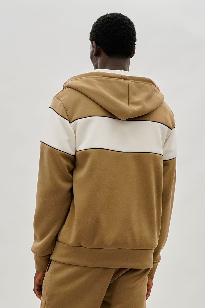 Colour Block Zip Up Hoodie - Beige