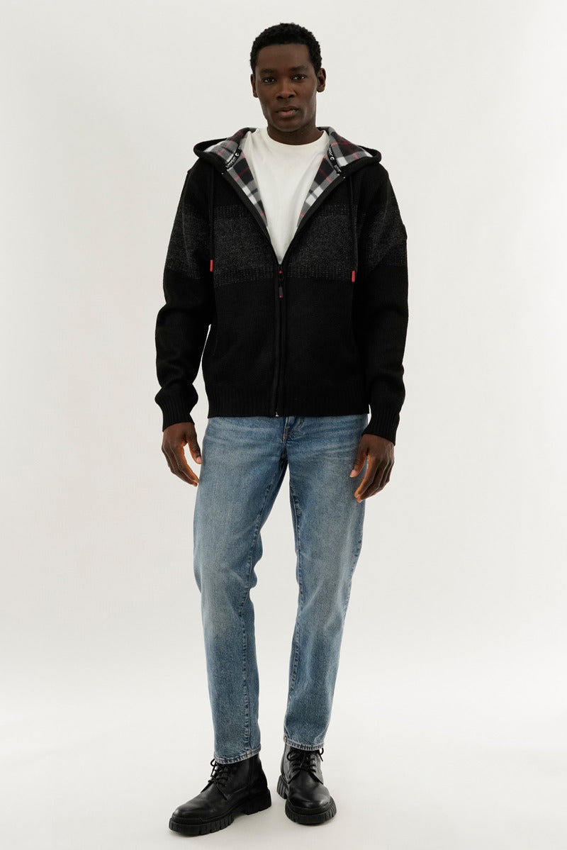 Canada Weather Gear Plaid Lined Striped Zip Up Hoodie - Black - Mens Hoodies & Sweatshirts - Canada Weather Gear