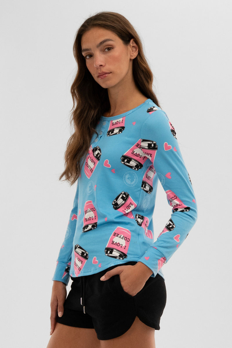 Canada Weather Gear Coffee Print Henley Pajama Top - Blue - Womens Pajamas - Canada Weather Gear