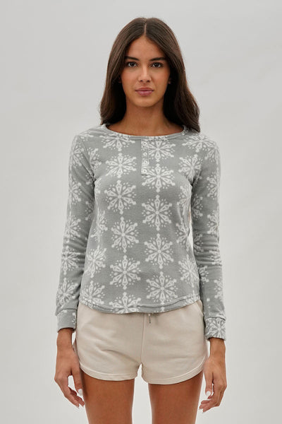 Canada Weather Gear Snowflake Print Henley Pajama Top - Grey - Womens Pajamas - Fairweather