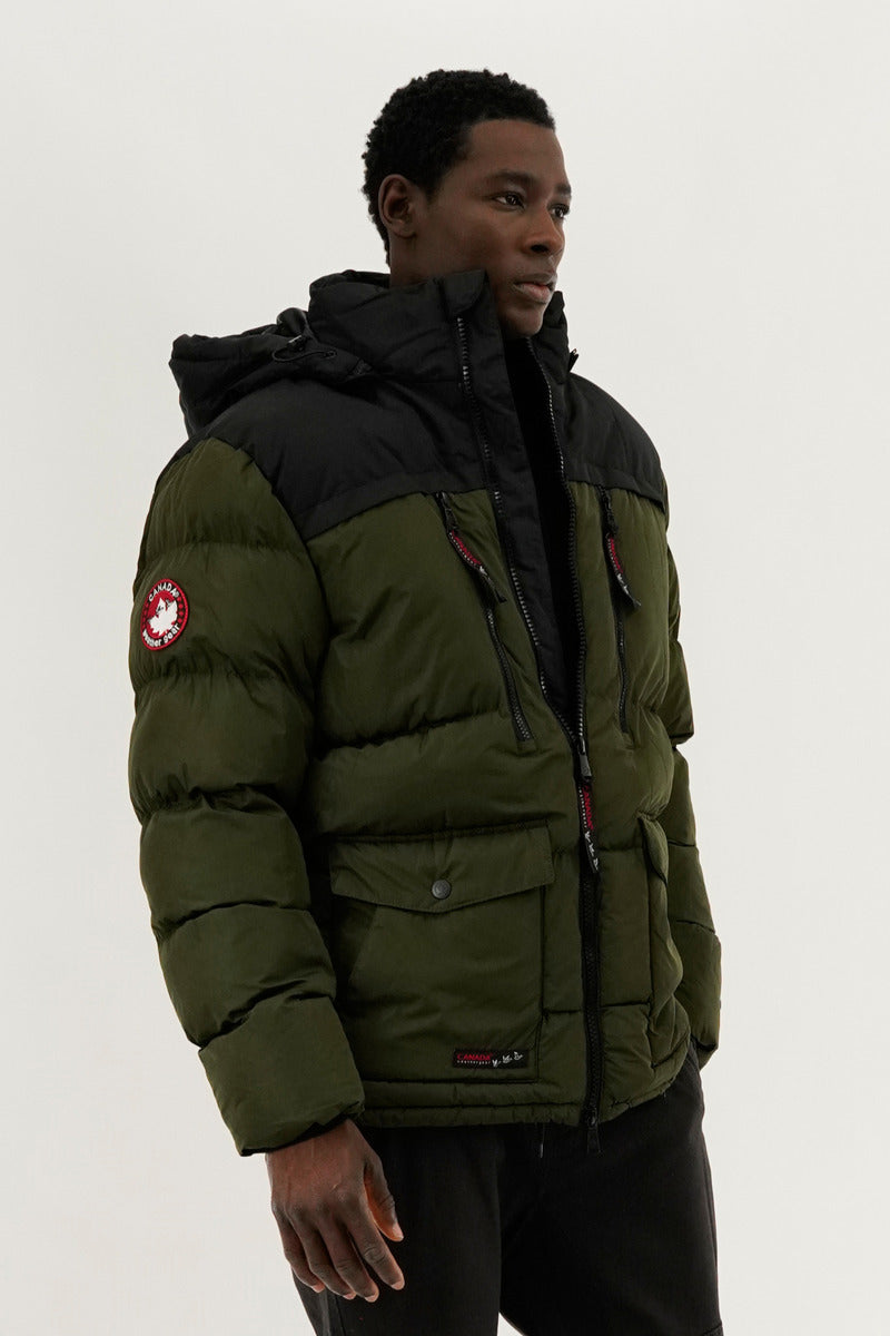 Canada Weather Gear Colour Block Puffer Bomber Jacket - Olive - Mens Bomber Jackets - Canada Weather Gear