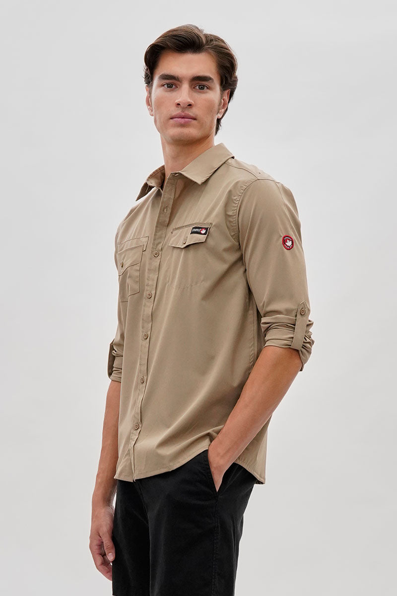 Canada Weather Gear Adventure Bound Utility Roll Up Sleeve Casual Shirt - Beige - Mens Casual Shirts - Canada Weather Gear