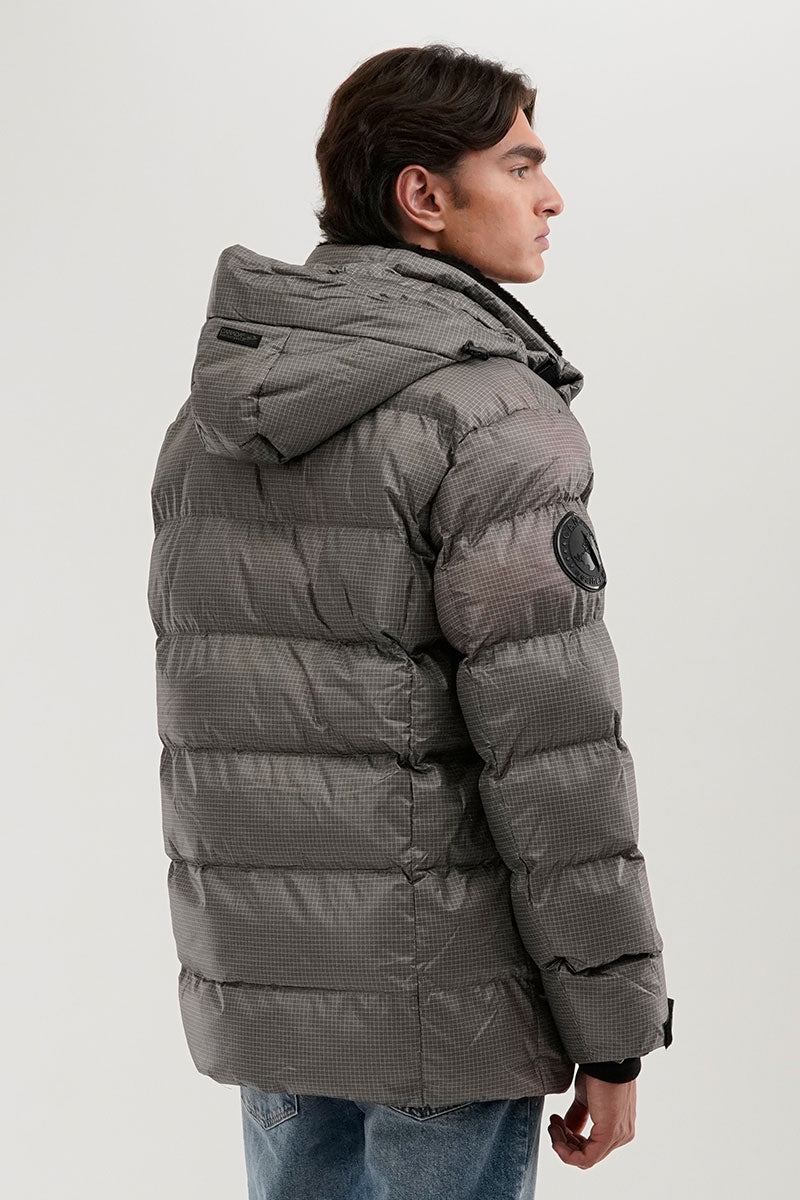 Grid Pattern Puffer Parka Jacket - Grey