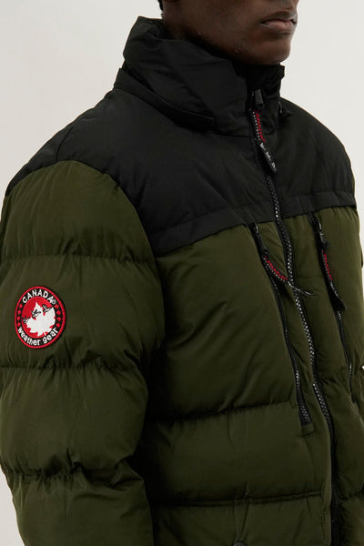 Canada Weather Gear Colour Block Puffer Bomber Jacket - Olive - Mens Bomber Jackets - Canada Weather Gear