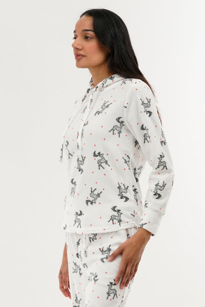 Canada Weather Gear Reindeer Print Hooded Pajama Top - White - Womens Pajamas - Canada Weather Gear