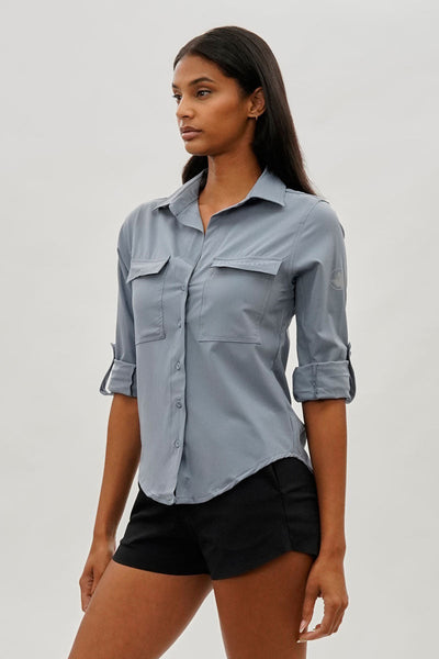 Canada Weather Gear Button Up Ripstop Utility Shirt - Grey - Womens Shirts & Blouses - Canada Weather Gear