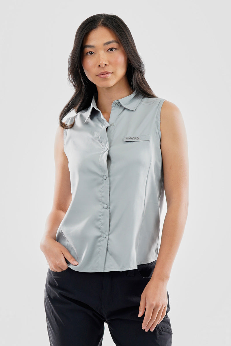 Canada Weather Gear Sleeveless Button Up Collared Shirt - Grey - Womens Shirts & Blouses - Canada Weather Gear