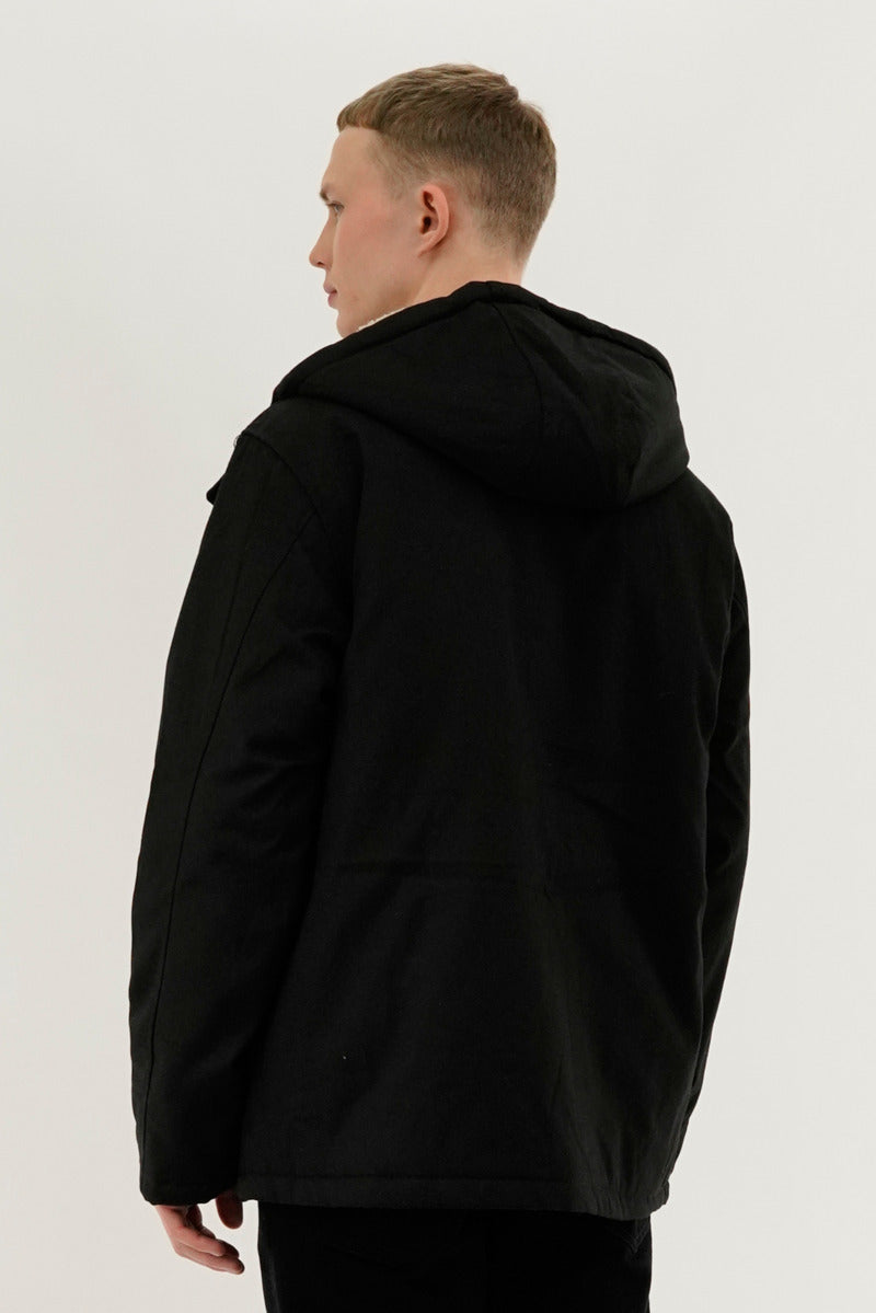 Canvas Sherpa Lined Parka Jacket - Black