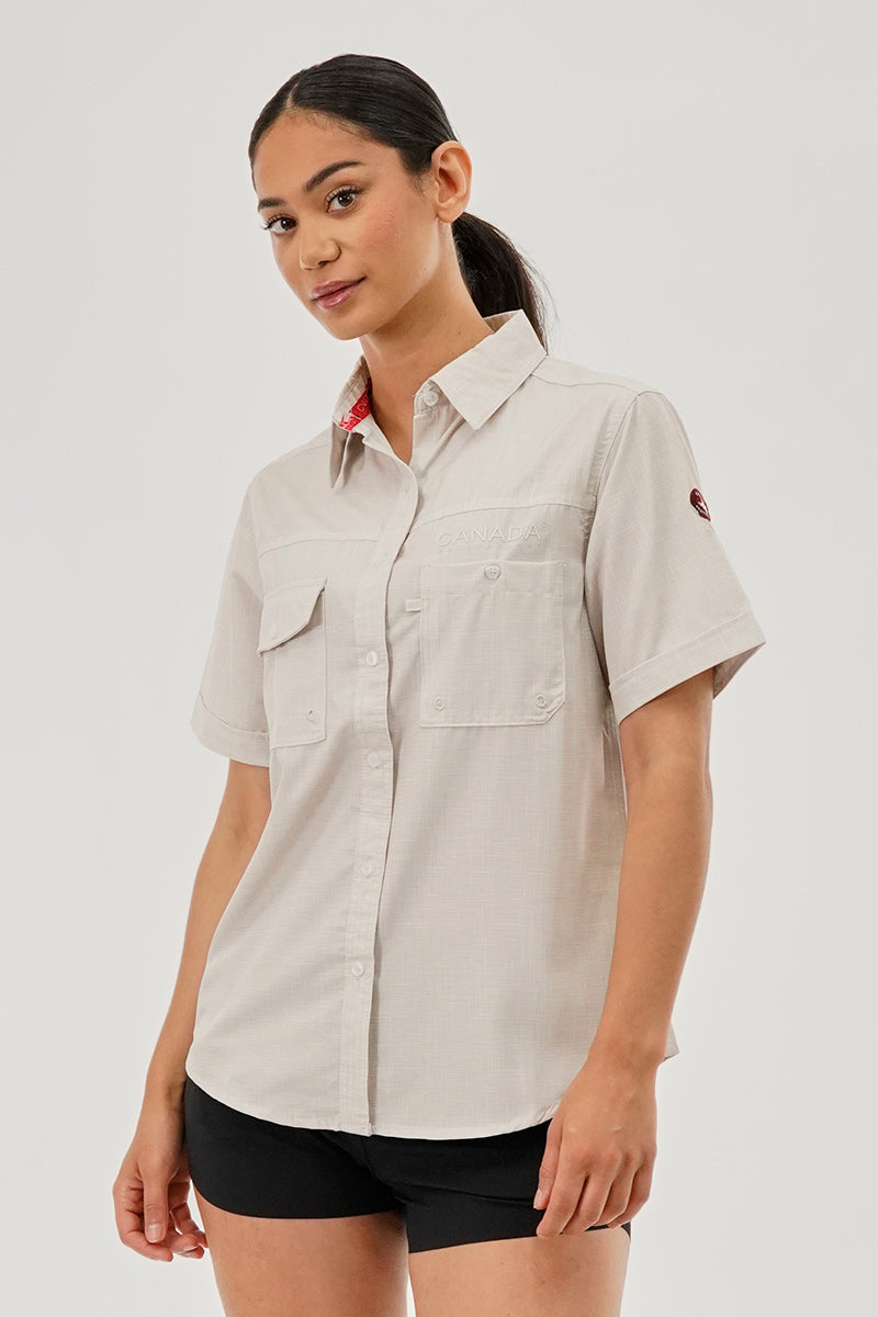 Canada Weather Gear Short Sleeve Button Up Utility Shirt - Beige - Womens Shirts & Blouses - Canada Weather Gear