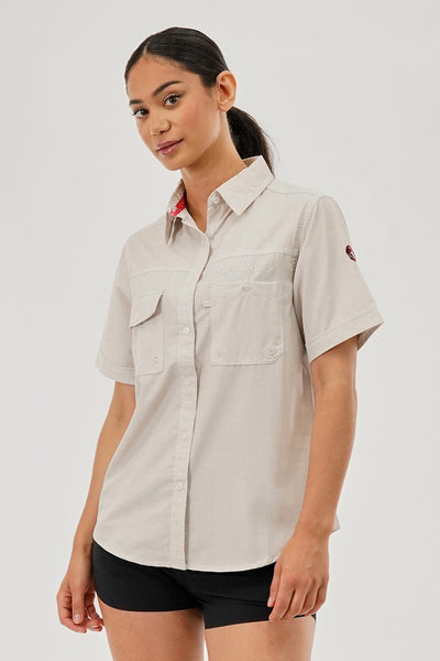 Canada Weather Gear Short Sleeve Button Up Utility Shirt - Beige - Womens Shirts & Blouses - Canada Weather Gear