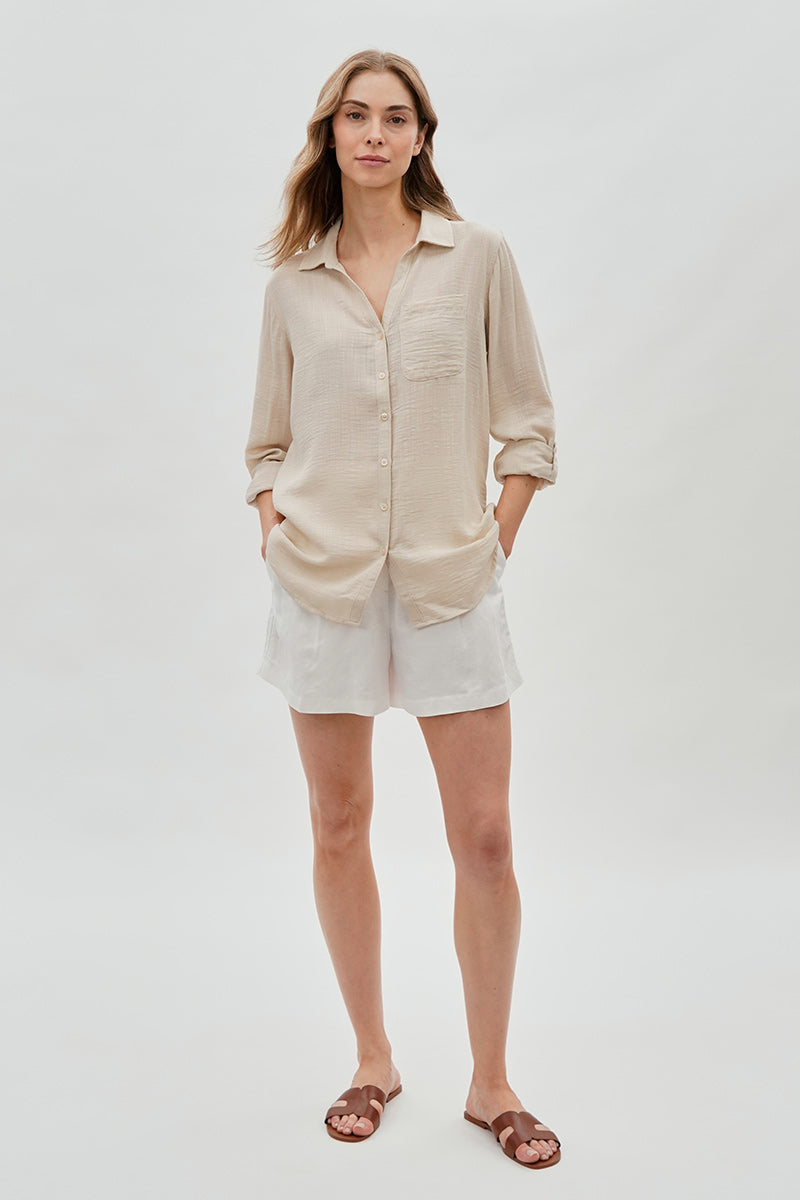 Super Triple Goose Vintage Textured Button Up Shirt - Beige - Womens Shirts & Blouses - Canada Weather Gear