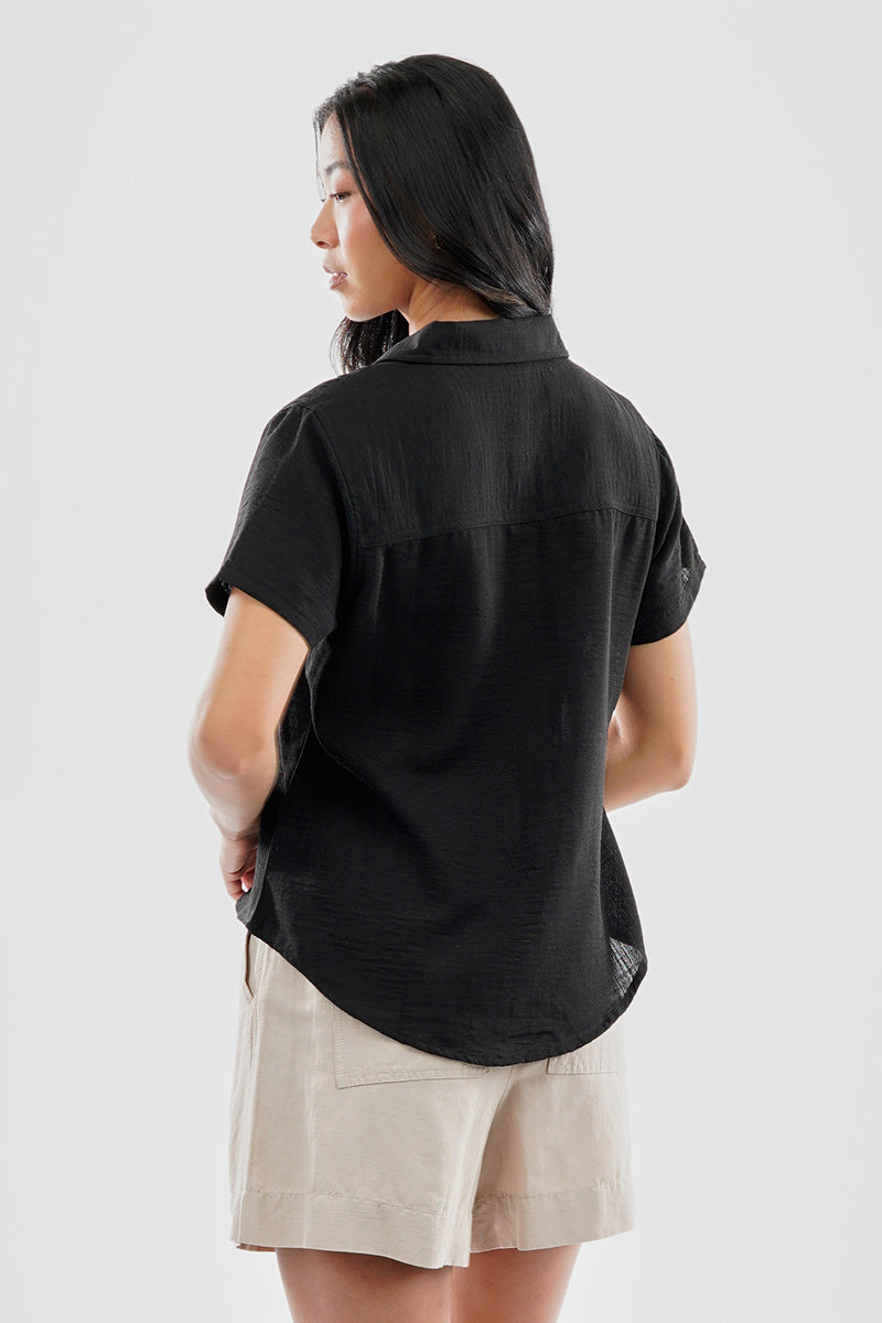 Super Triple Goose Vintage Short Sleeve Button Up Textured Shirt - Black - Womens Shirts & Blouses - Canada Weather Gear