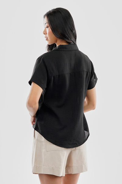 Super Triple Goose Vintage Short Sleeve Button Up Textured Shirt - Black - Womens Shirts & Blouses - Canada Weather Gear