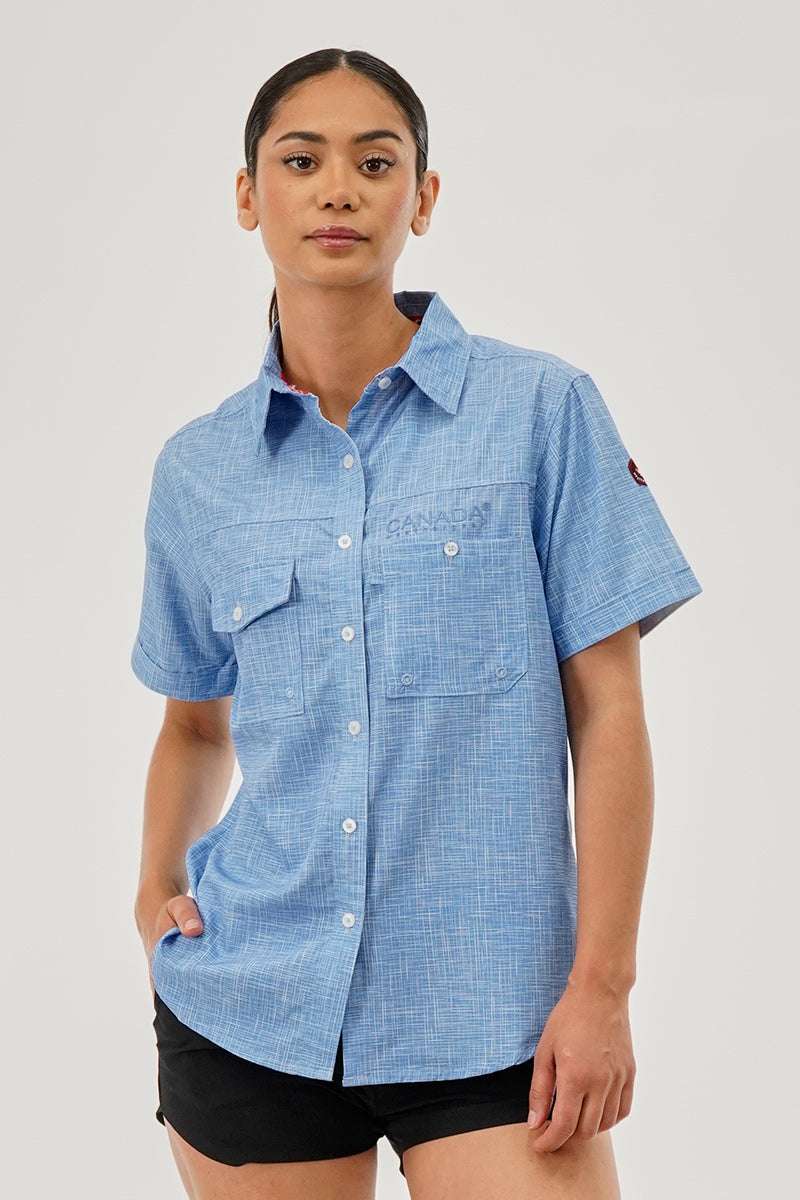 Canada Weather Gear Short Sleeve Button Up Utility Shirt - Blue - Womens Shirts & Blouses - Canada Weather Gear