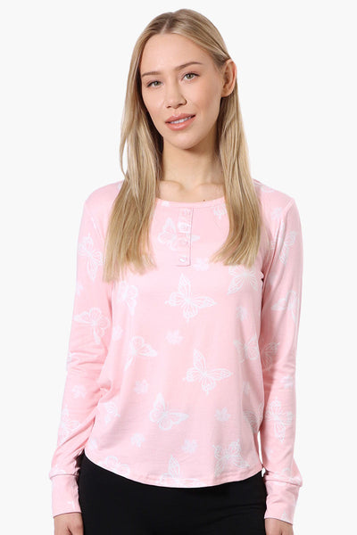 Canada Weather Gear Butterfly Pattern Henley Pajama Top - Pink - Womens Pajamas - Canada Weather Gear