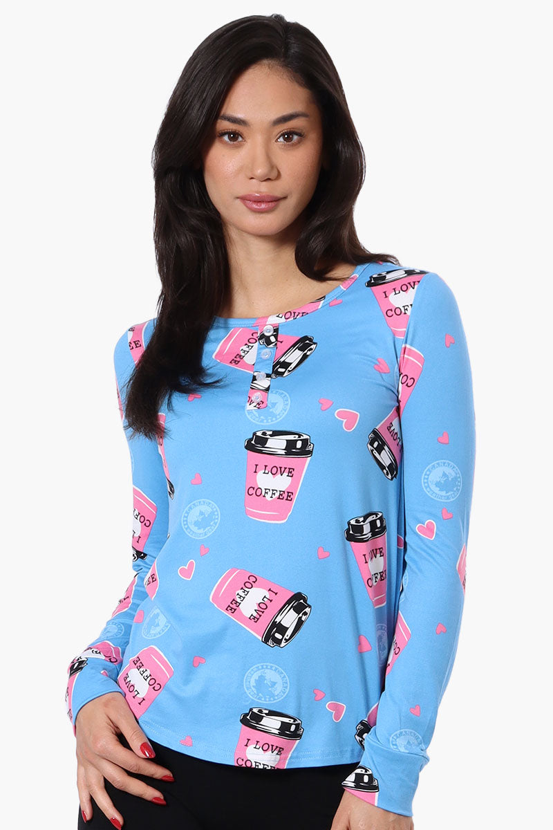 Canada Weather Gear I Love Coffee Pattern Henley Pajama Top - Blue - Womens Pajamas - Canada Weather Gear