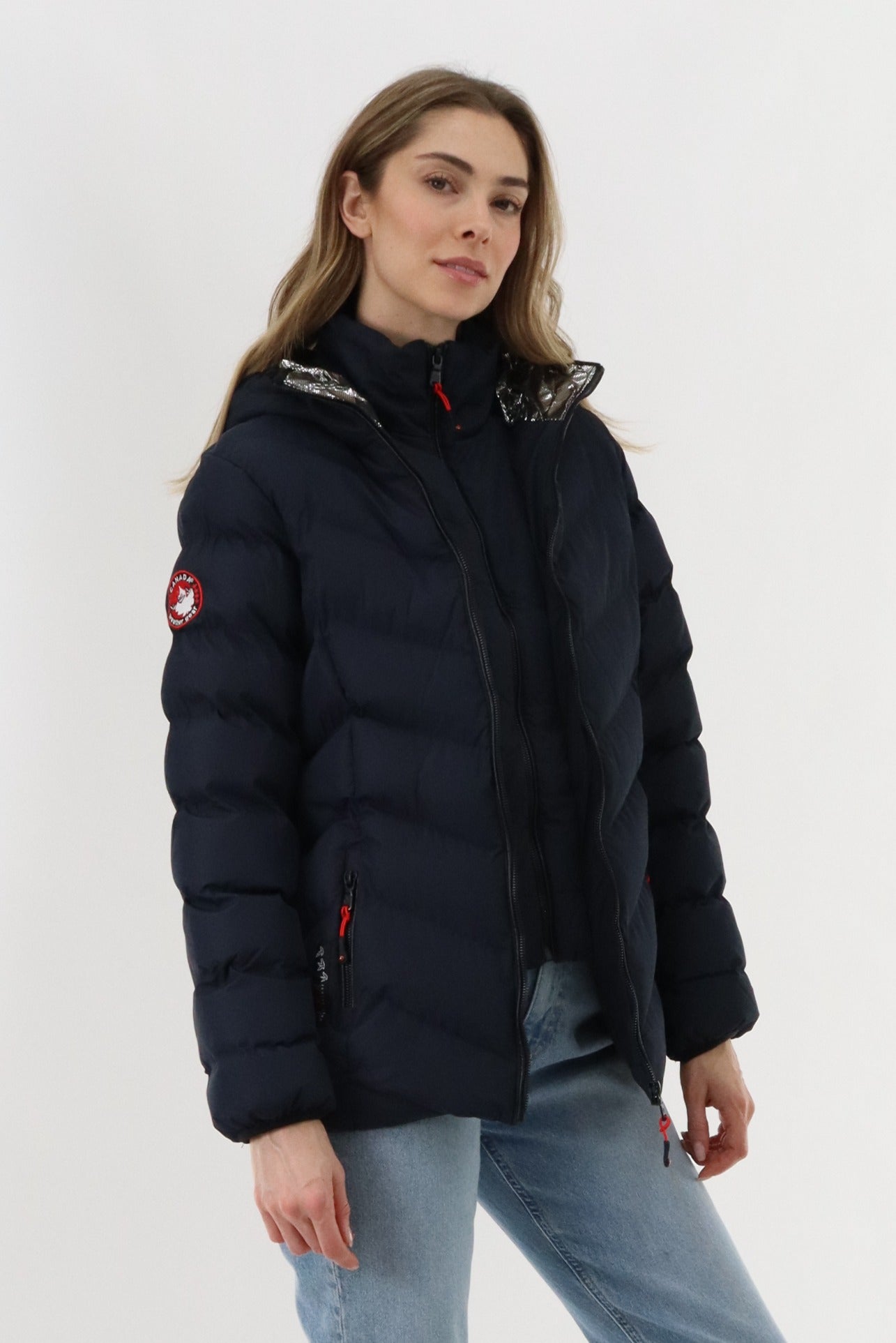 Canada Weather Gear Quilted Puffer Double Zip Bomber Jacket - Navy - Womens Bomber Jackets - Canada Weather Gear