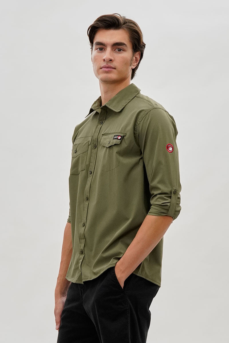 Canada Weather Gear Adventure Bound Utility Roll Up Sleeve Casual Shirt - Olive - Mens Casual Shirts - Canada Weather Gear