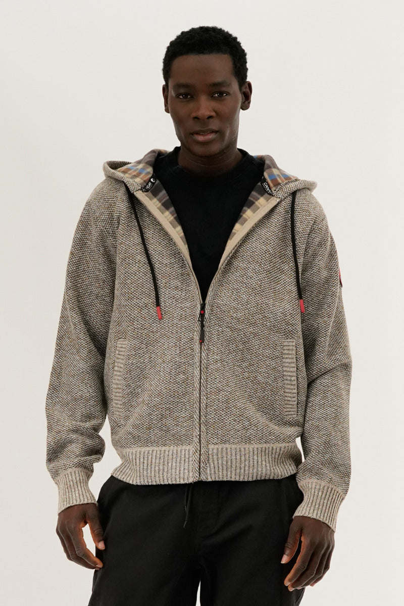 Canada Weather Gear Plaid Lined Zip Up Knit Hoodie - Beige - Mens Hoodies & Sweatshirts - Canada Weather Gear