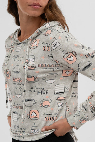 Canada Weather Gear Coffee Print Hooded Pajama Top - Grey - Womens Pajamas - Canada Weather Gear