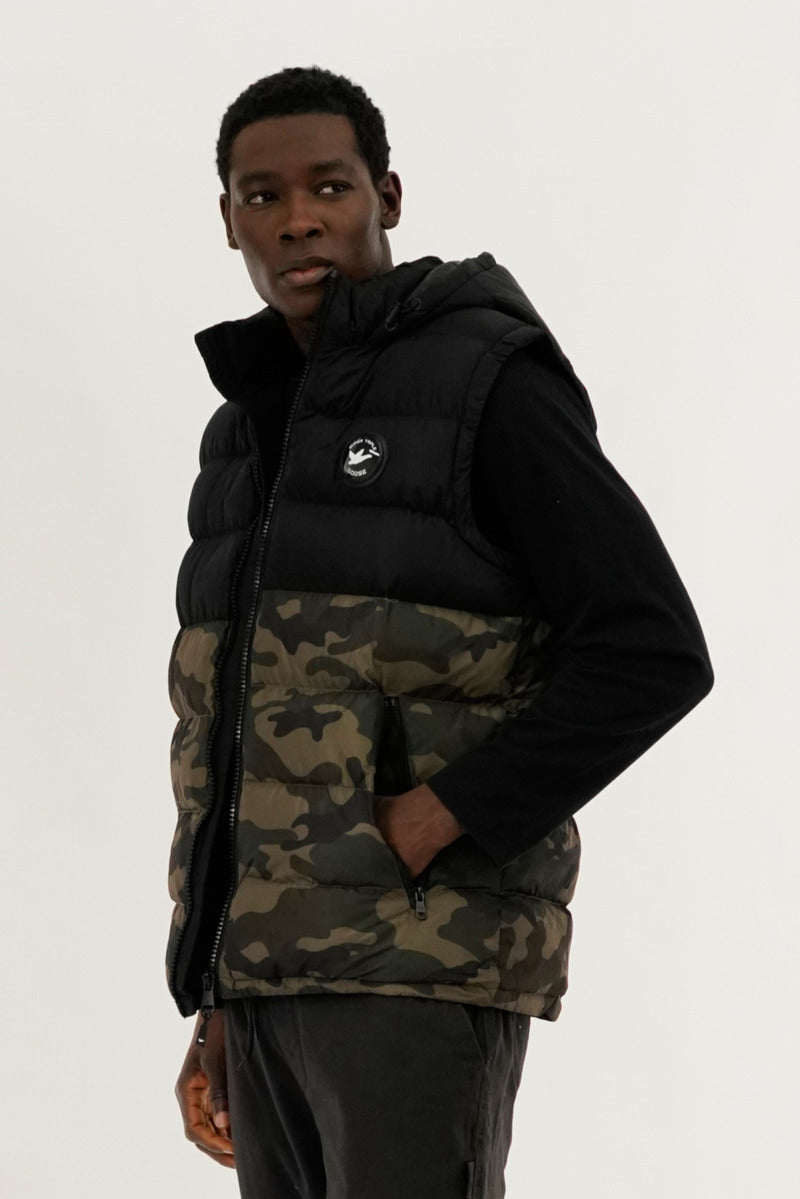 Super Triple Goose Colour Block Camo Hooded Vest - Olive - Mens Vests - Canada Weather Gear