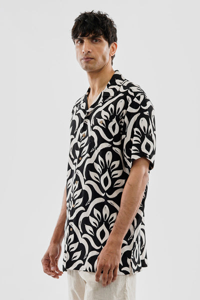 Super Triple Goose Vintage Leaf Print Button Up Casual Shirt - Black - Mens Casual Shirts - Canada Weather Gear