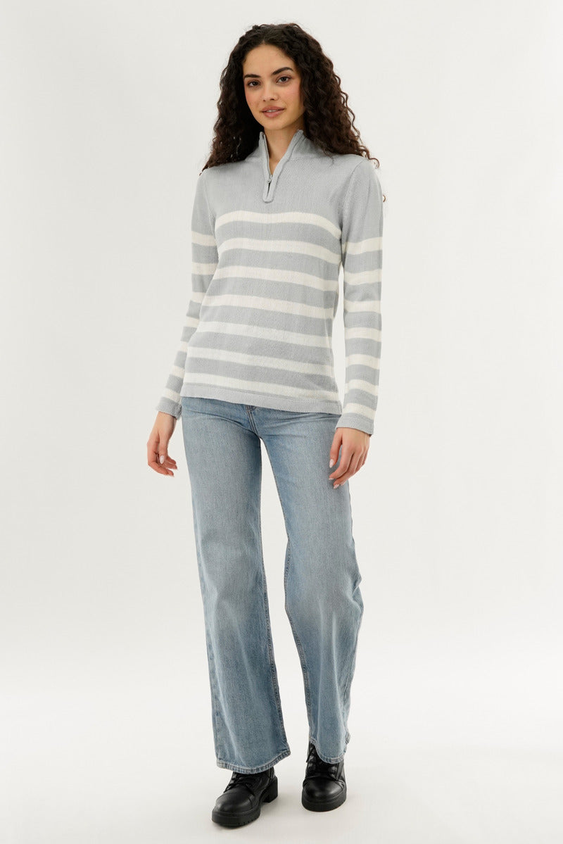 Canada Weather Gear Striped Half Zip Pullover Sweater - Stone - Womens Pullover Sweaters - Canada Weather Gear
