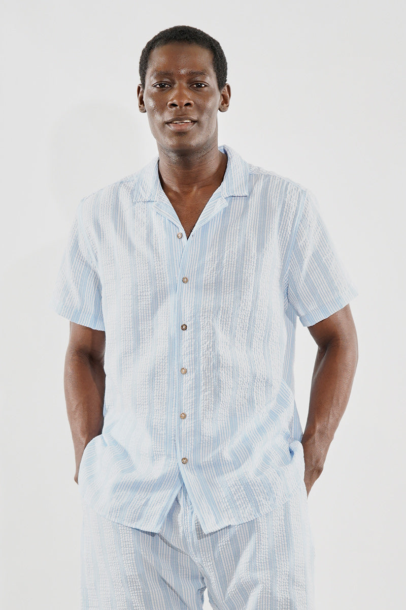 Canada Weather Gear Vintage Striped Button Up Camp Collar Casual Shirt - Blue - Mens Casual Shirts - Canada Weather Gear