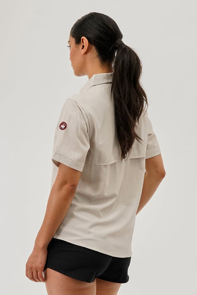 Canada Weather Gear Short Sleeve Button Up Utility Shirt - Beige - Womens Shirts & Blouses - Canada Weather Gear