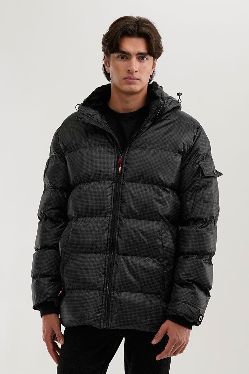 Canada Weather Gear Grid Pattern Puffer Parka Jacket - Black
