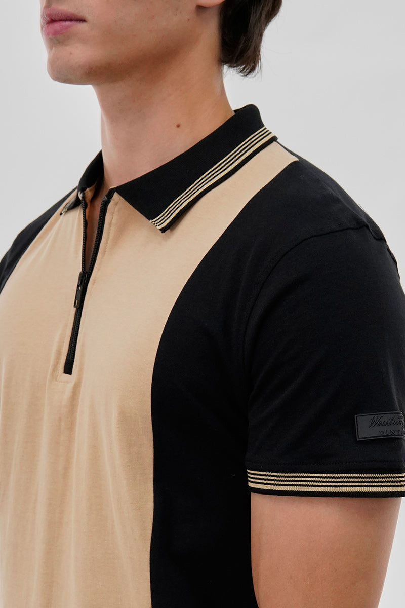 Canada Weather Gear Vintage 1/4 Zip Colour Block Polo Shirt - Beige - Mens Polo Shirts - Canada Weather Gear