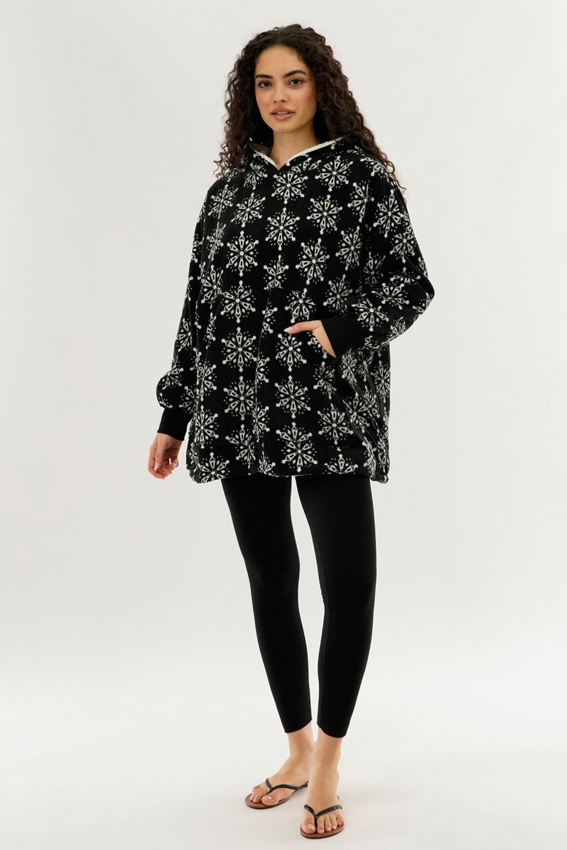 Canada Weather Gear Festive Print Oversided Hooded Pajama Top - Black - Womens Pajamas - Canada Weather Gear