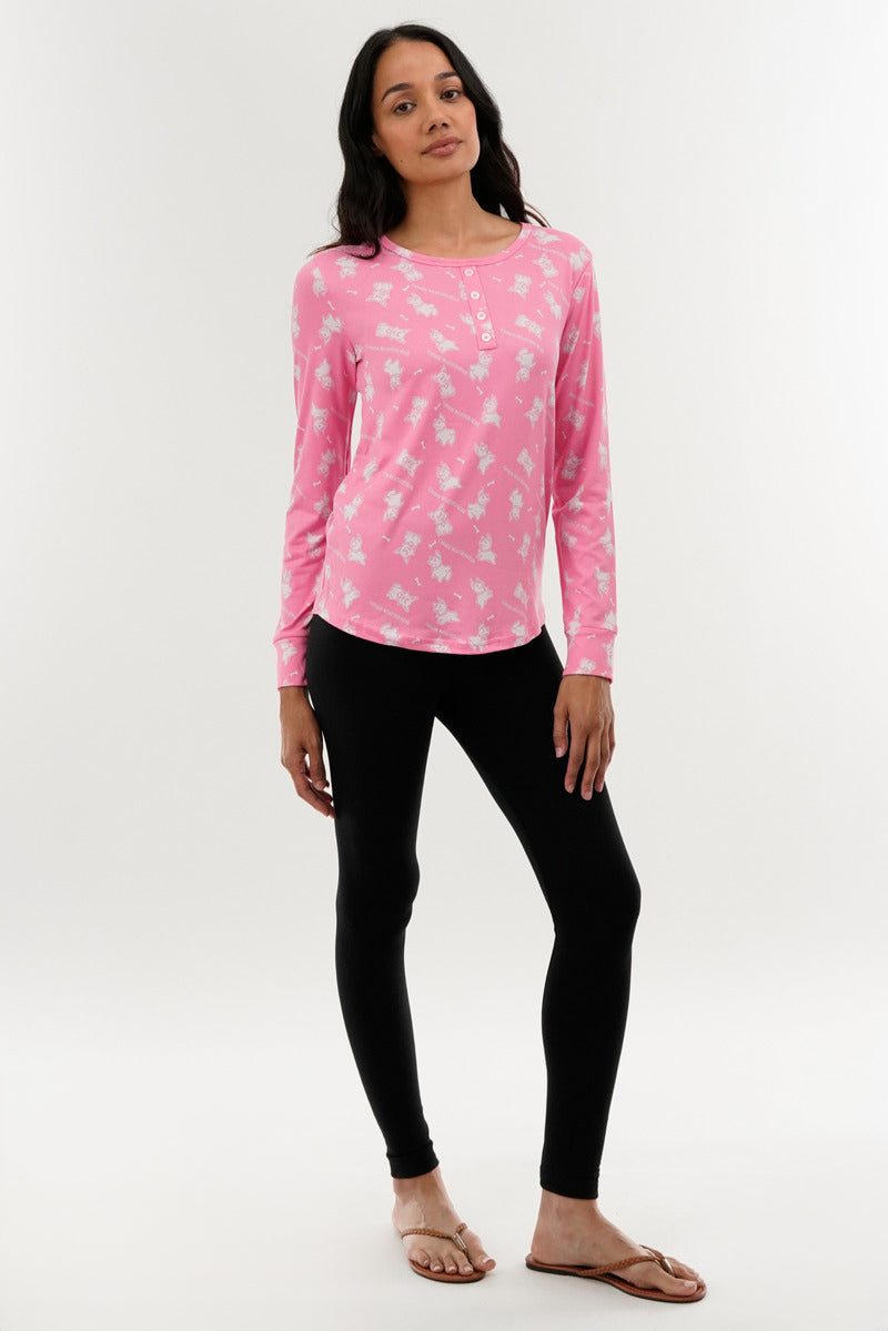 Canada Weather Gear Dog Print Henley Pajama Top - Pink - Womens Pajamas - Canada Weather Gear