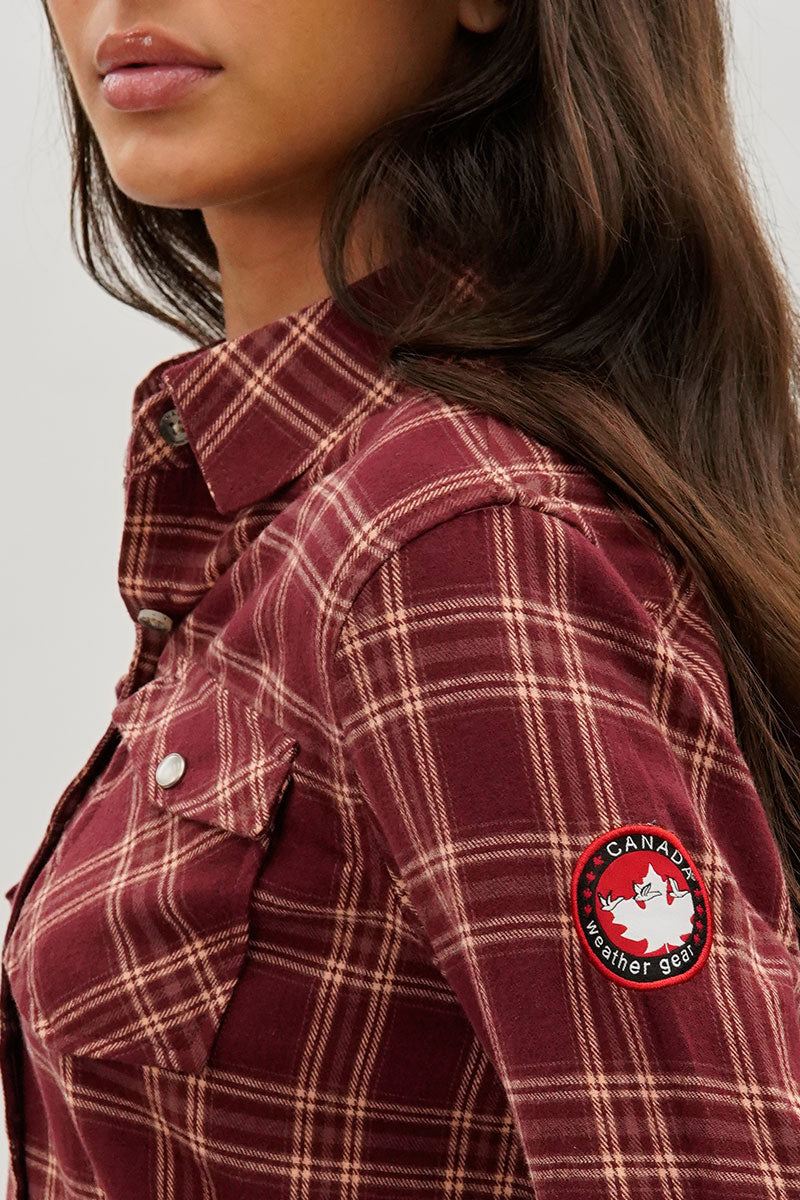 Canada Weather Gear Plaid Button Up Shirt - Burgundy - Womens Shirts & Blouses - Canada Weather Gear