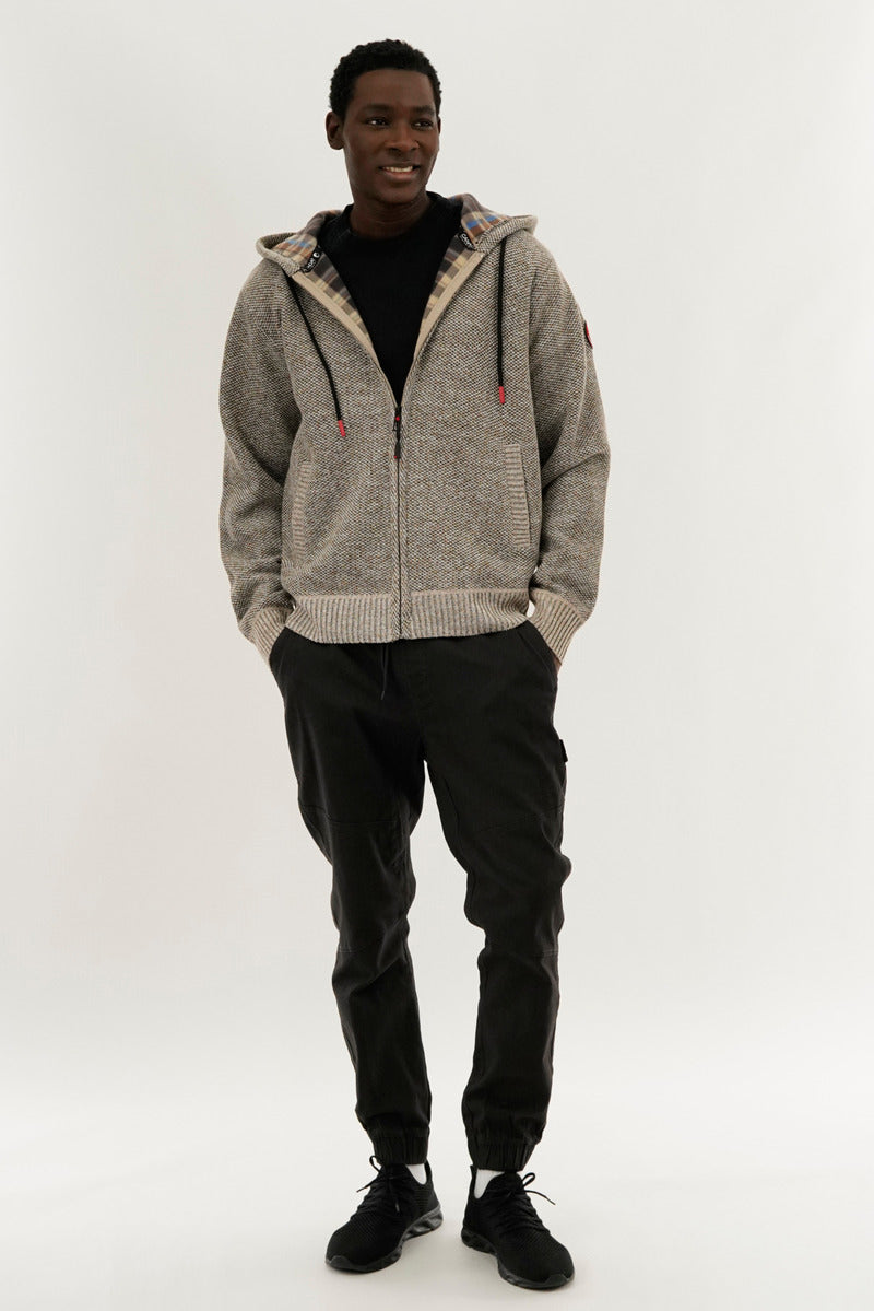 Plaid Lined Zip Up Knit Hoodie - Beige