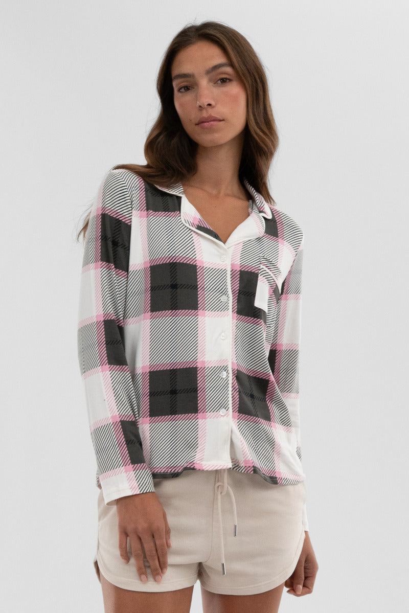 Canada Weather Gear Plaid Button Down Pajama Top - White - Womens Pajamas - Canada Weather Gear