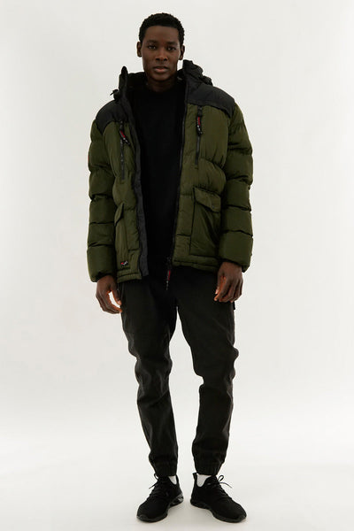 Canada Weather Gear Colour Block Puffer Bomber Jacket - Olive - Mens Bomber Jackets - Canada Weather Gear
