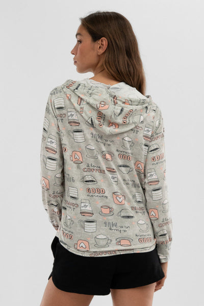 Canada Weather Gear Coffee Print Hooded Pajama Top - Grey - Womens Pajamas - Canada Weather Gear