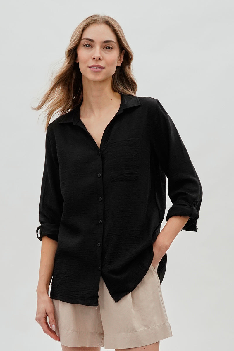 Super Triple Goose Vintage Textured Button Up Shirt - Black - Womens Shirts & Blouses - Canada Weather Gear