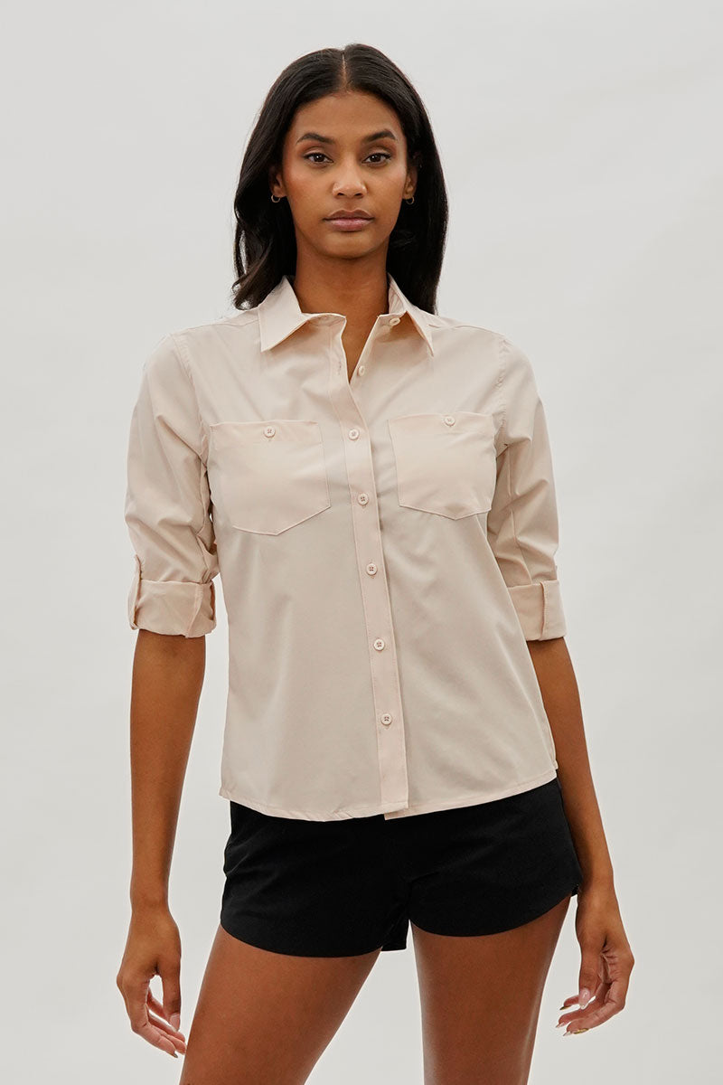 Canada Weather Gear Button Up Utility Shirt - Beige - Womens Shirts & Blouses - Canada Weather Gear