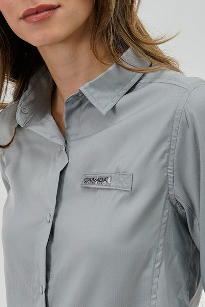 Canada Weather Gear Button Up Collared Shirt - Grey - Womens Shirts & Blouses - Canada Weather Gear